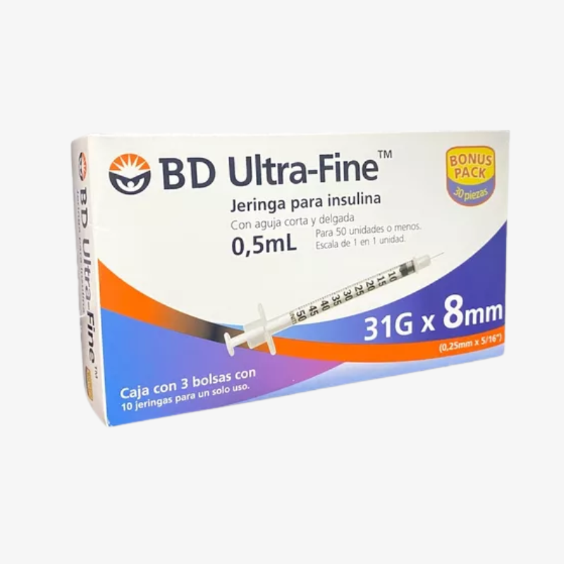 BD Jeringas de Insulina Ultra-Fine De 0.5 ML y Aguja Integrada de 31 Gauge X 8 MM