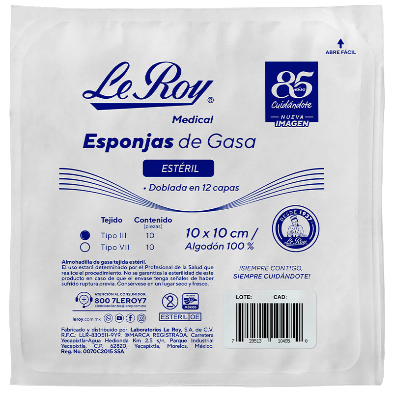 Le Roy Esponja de Gasa Estéril Tejida Tipo III 10 x 10 cm