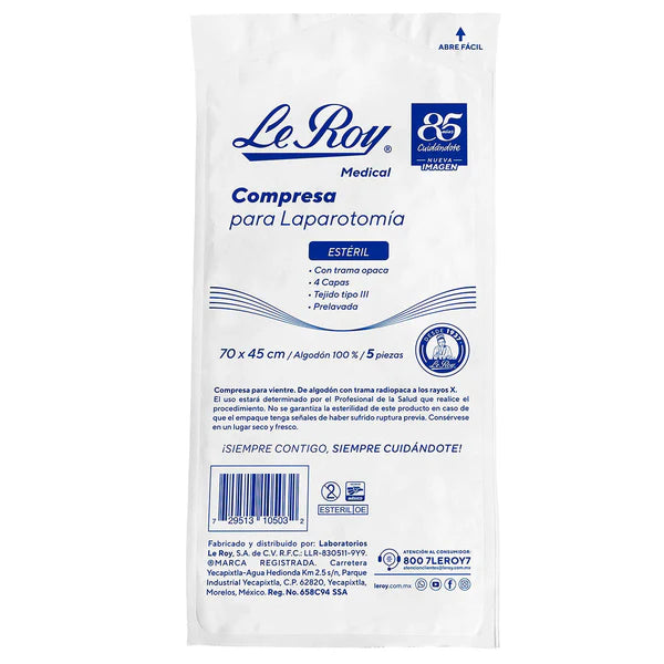 Le Roy Compresa Estéril Prelavada Tejida Tipo IV 70 x 45 cm
