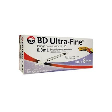 BD Ultra-Fine Jeringas de Insulina de 0.3 ML y aguja Integrada de 31 Gauge X 8 MM